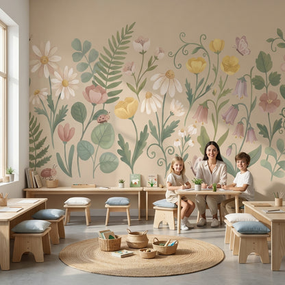 Pastel Çiçek Bahçesi Poster Duvar Kağıdı Bej Çocuk Odası
