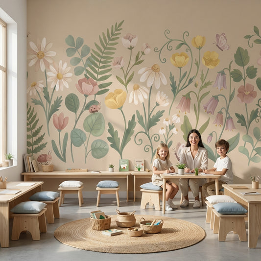 Pastel Çiçek Bahçesi Poster Duvar Kağıdı Bej Çocuk Odası