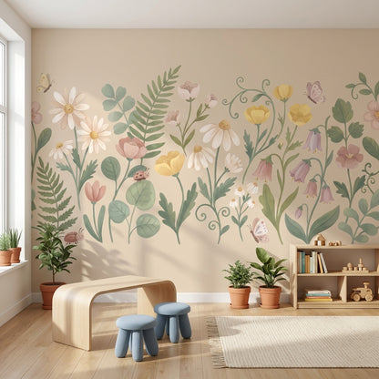 Pastel Çiçek Bahçesi Poster Duvar Kağıdı Bej Çocuk Odası