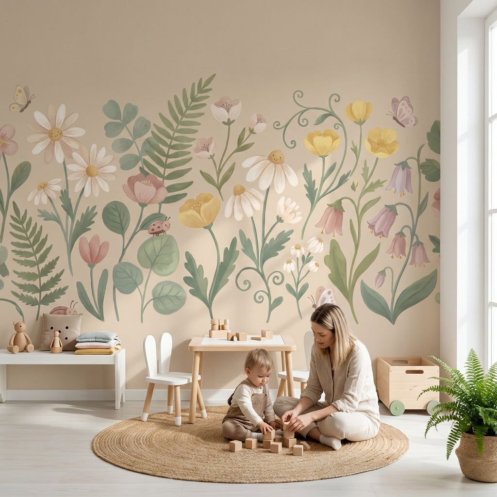 Pastel Çiçek Bahçesi Poster Duvar Kağıdı Bej Çocuk Odası