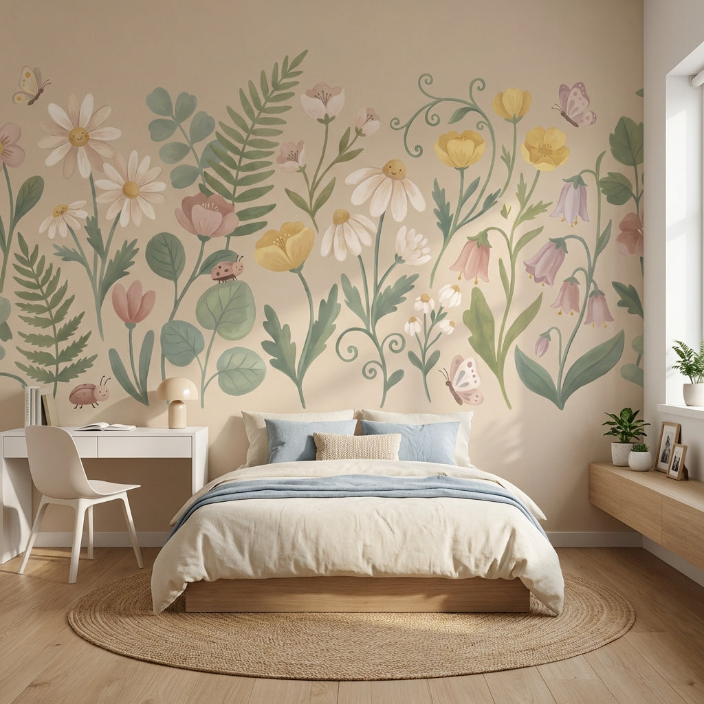 Pastel Çiçek Bahçesi Poster Duvar Kağıdı Bej Çocuk Odası