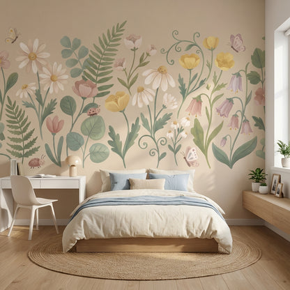 Pastel Çiçek Bahçesi Poster Duvar Kağıdı Bej Çocuk Odası