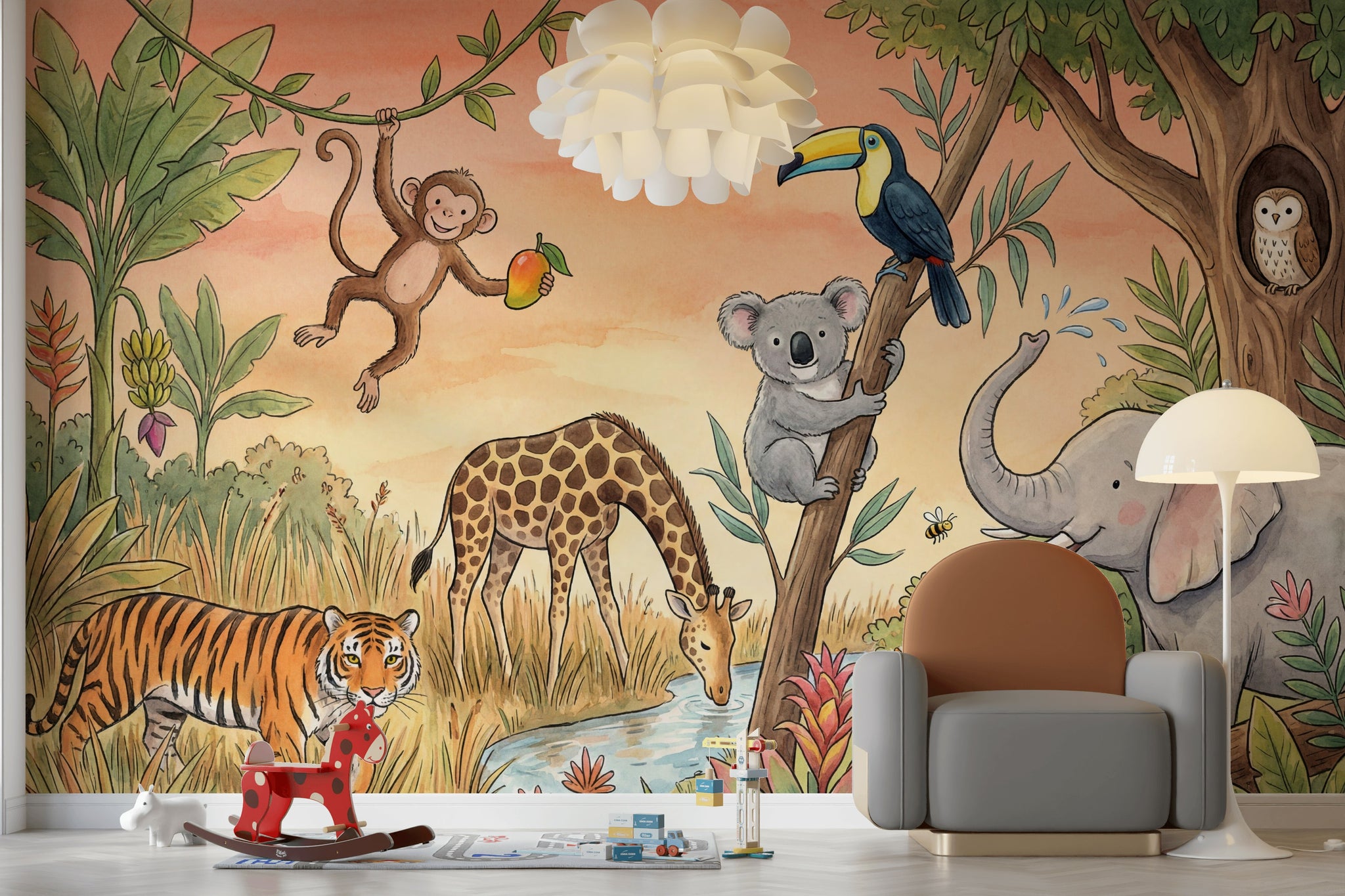Safari Hayvanlı Poster Duvar Kağıdı Çocuk Odası Pastel Orman