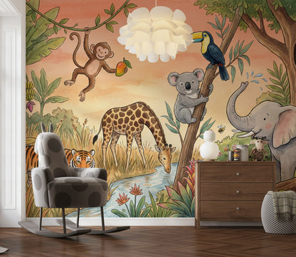 Safari Hayvanlı Poster Duvar Kağıdı Çocuk Odası Pastel Orman