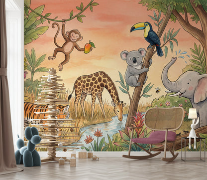 Safari Hayvanlı Poster Duvar Kağıdı Çocuk Odası Pastel Orman