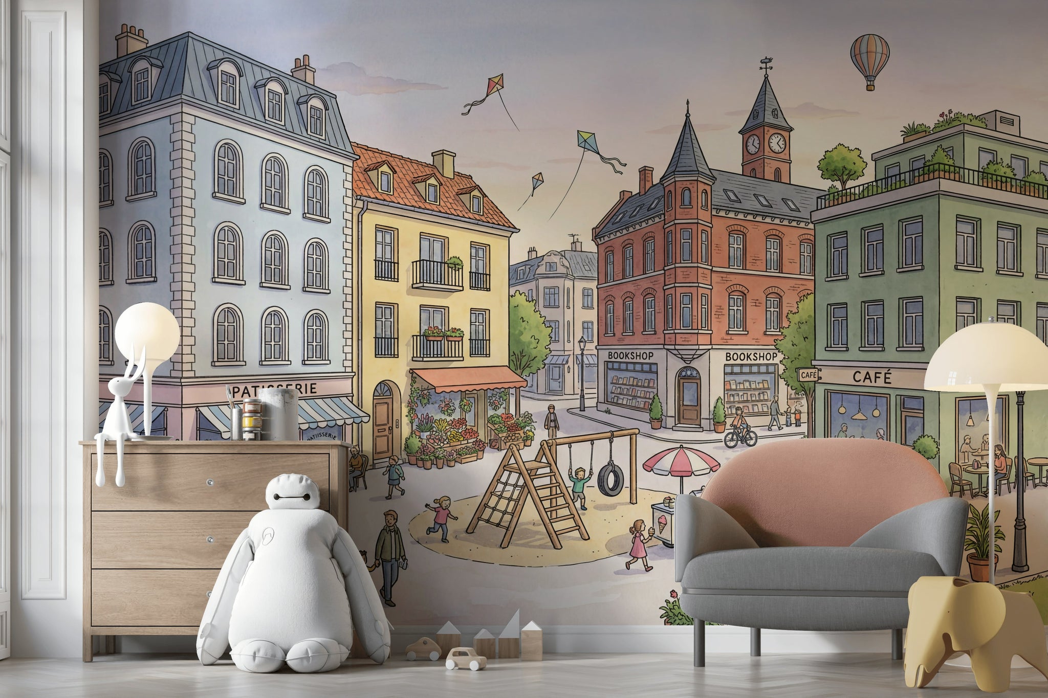 Şehir Meydanı Çocuk Poster Duvar Kağıdı Pastel İllüstrasyon