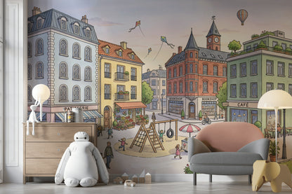 Şehir Meydanı Çocuk Poster Duvar Kağıdı Pastel İllüstrasyon
