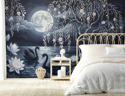 Gece Göl Manzaralı Poster Duvar Kağıdı Kuğulu Salon Dekoru