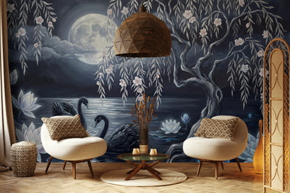 Gece Göl Manzaralı Poster Duvar Kağıdı Kuğulu Salon Dekoru
