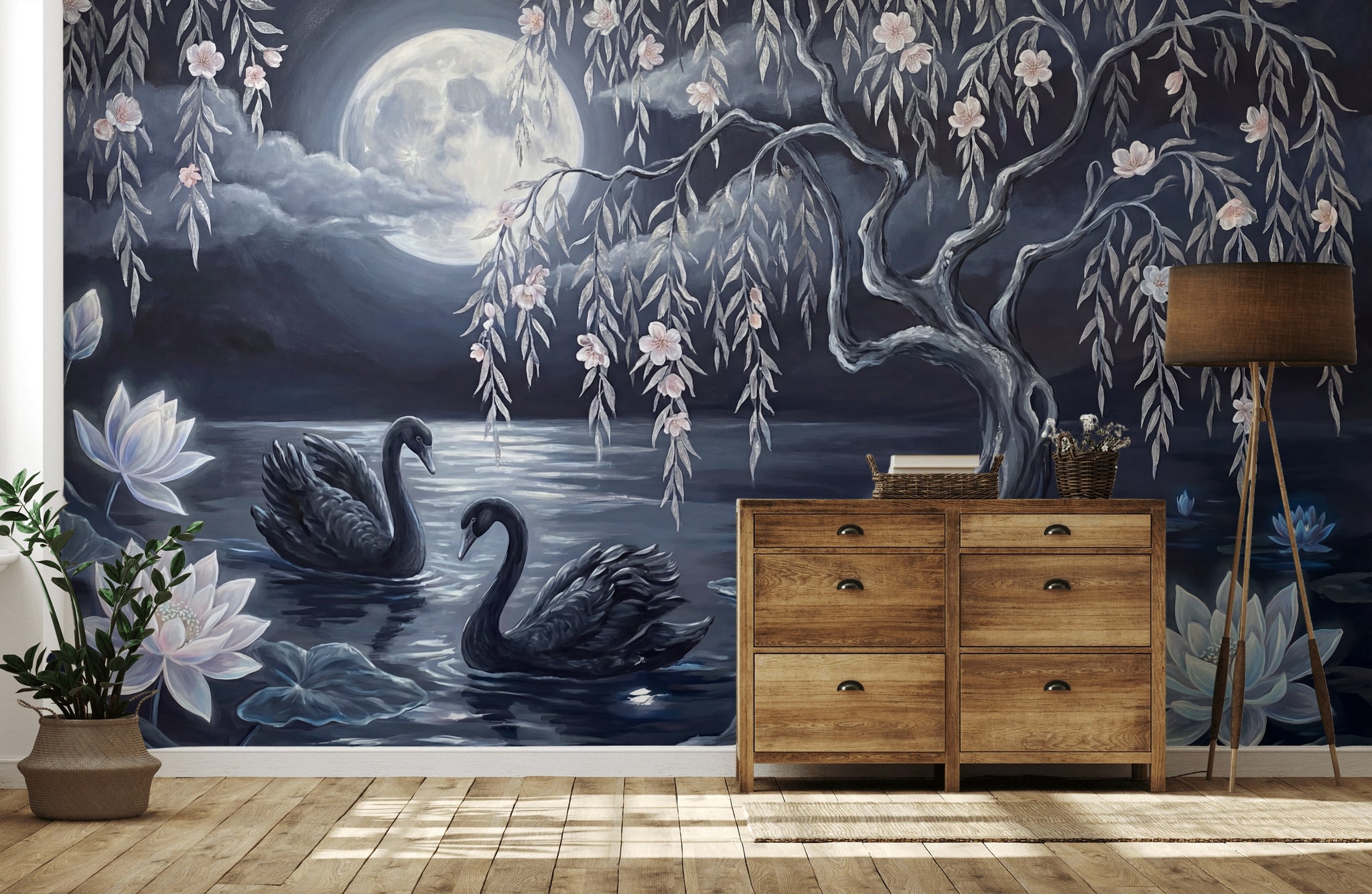 Gece Göl Manzaralı Poster Duvar Kağıdı Kuğulu Salon Dekoru