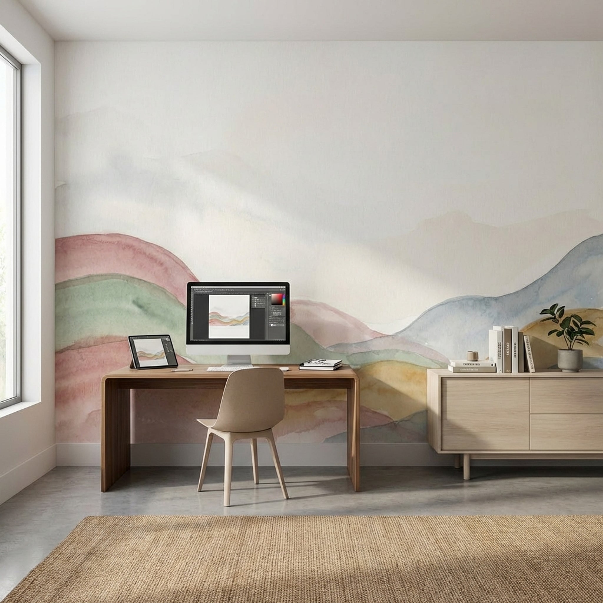 Suluboya Renk Geçişli Tepeler Poster Duvar Kağıdı Pastel Salon