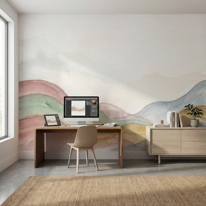 Suluboya Renk Geçişli Tepeler Poster Duvar Kağıdı Pastel Salon