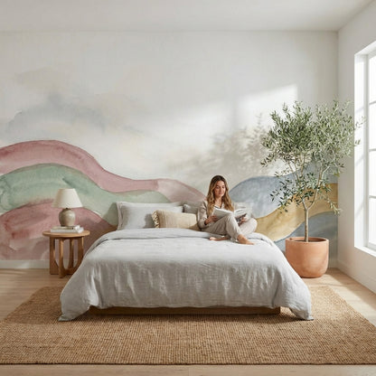 Suluboya Renk Geçişli Tepeler Poster Duvar Kağıdı Pastel Salon
