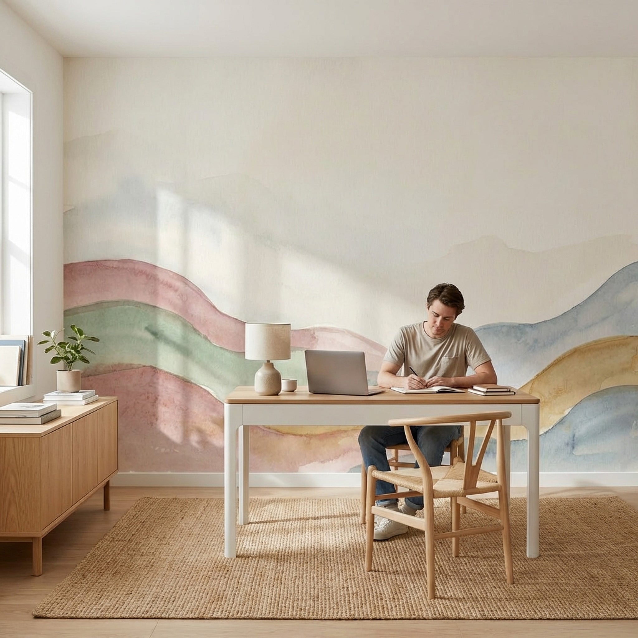 Suluboya Renk Geçişli Tepeler Poster Duvar Kağıdı Pastel Salon