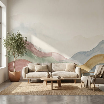Suluboya Renk Geçişli Tepeler Poster Duvar Kağıdı Pastel Salon