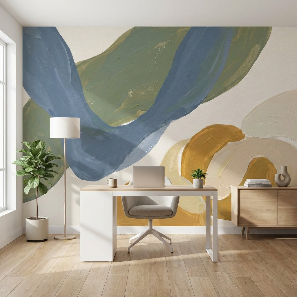 Renk Bloklu Soyut Poster Duvar Kağıdı Mavi Hardal Salon