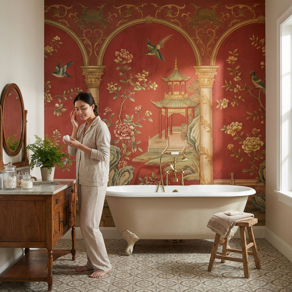 Kuşlu Çiçekli Çin Bahçesi Poster Duvar Kağıdı Kırmızı Salon