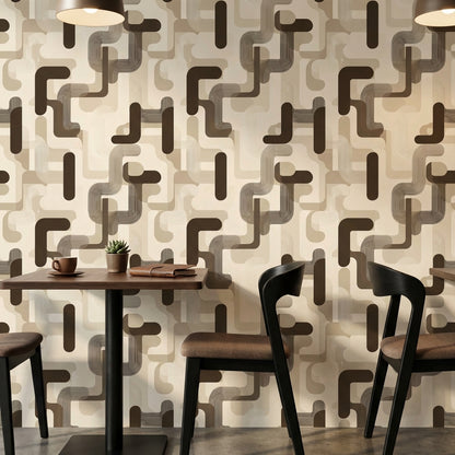 Geometrik Zincir Desenli Duvar Kağıdı Bej Kahverengi Modern Salon