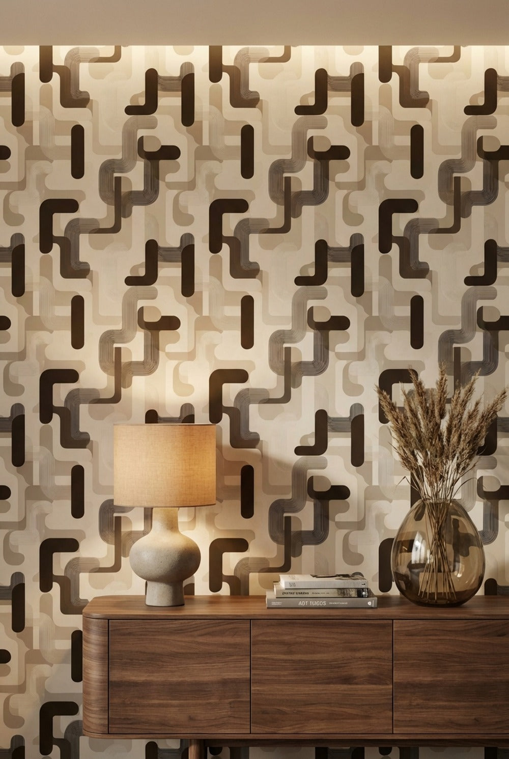 Geometrik Zincir Desenli Duvar Kağıdı Bej Kahverengi Modern Salon