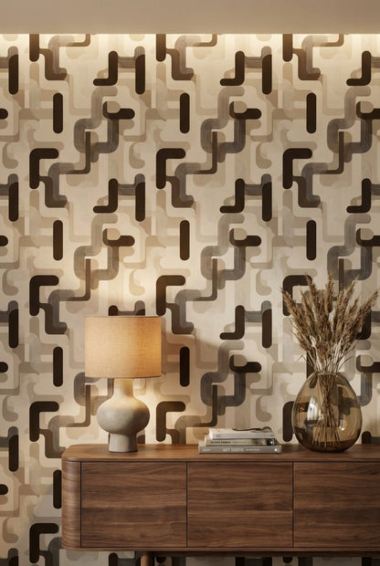 Geometrik Zincir Desenli Duvar Kağıdı Bej Kahverengi Modern Salon