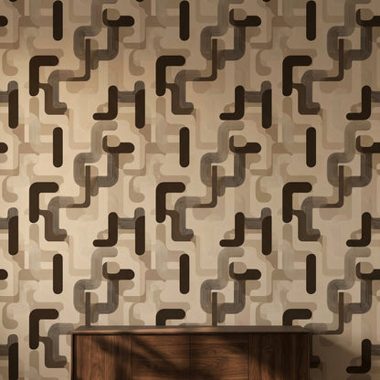 Geometrik Zincir Desenli Duvar Kağıdı Bej Kahverengi Modern Salon