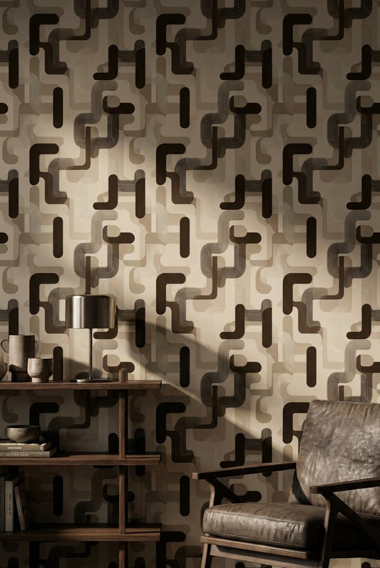 Geometrik Zincir Desenli Duvar Kağıdı Bej Kahverengi Modern Salon