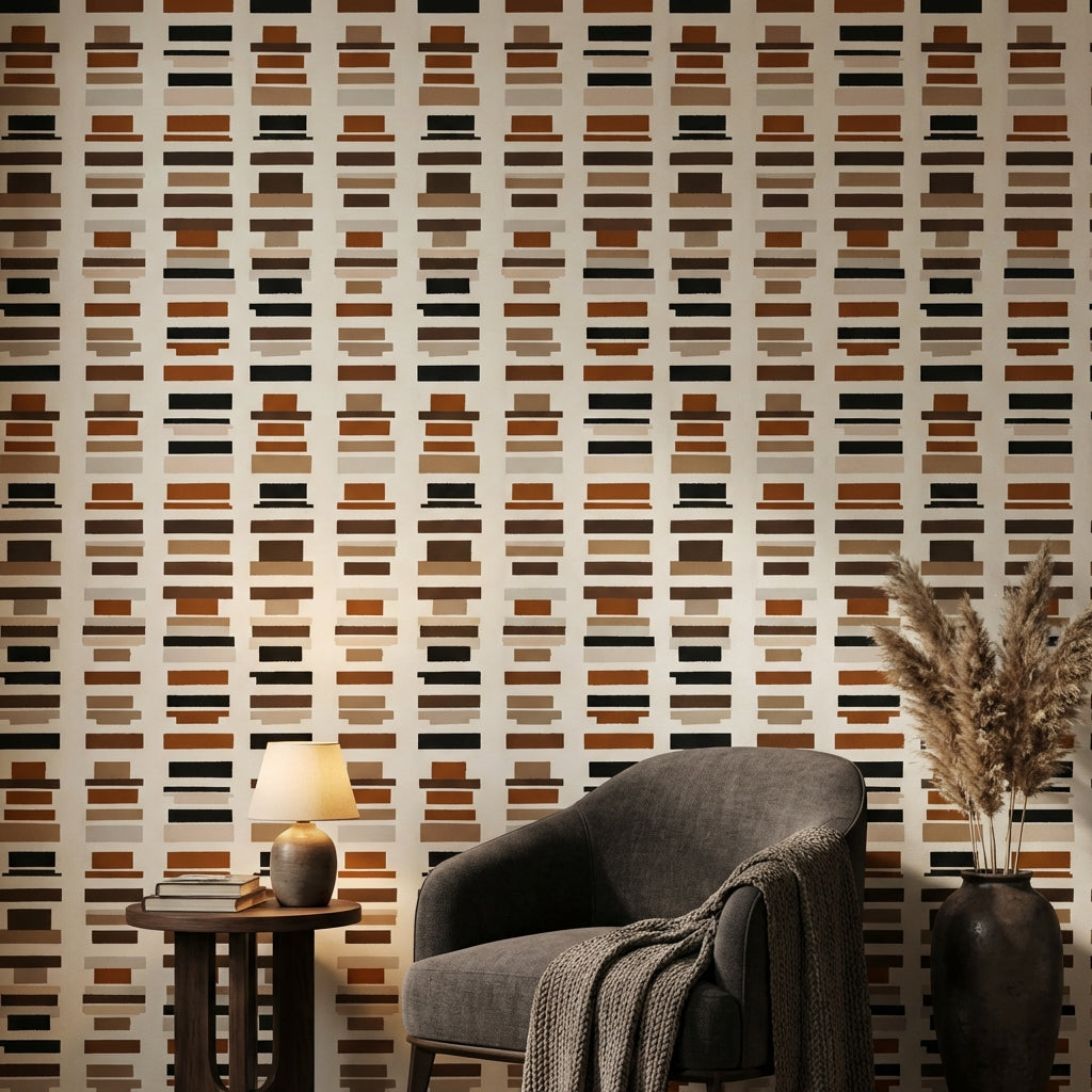 Geometrik Çizgili Duvar Kağıdı Kahverengi Bej Modern Salon