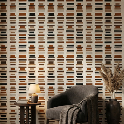 Geometrik Çizgili Duvar Kağıdı Kahverengi Bej Modern Salon