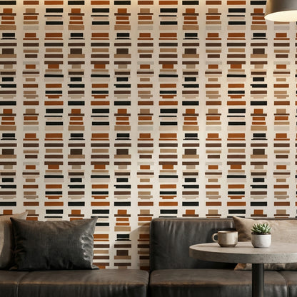 Geometrik Çizgili Duvar Kağıdı Kahverengi Bej Modern Salon
