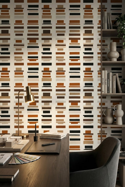 Geometrik Çizgili Duvar Kağıdı Kahverengi Bej Modern Salon