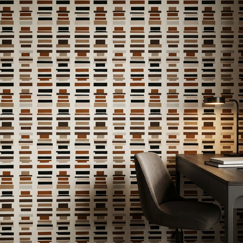Geometrik Çizgili Duvar Kağıdı Kahverengi Bej Modern Salon