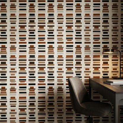 Geometrik Çizgili Duvar Kağıdı Kahverengi Bej Modern Salon