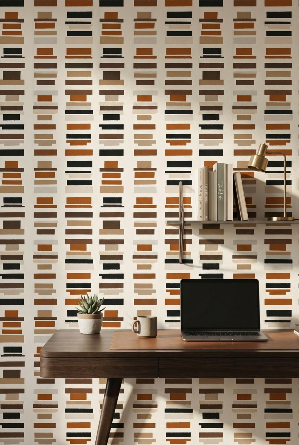 Geometrik Çizgili Duvar Kağıdı Kahverengi Bej Modern Salon