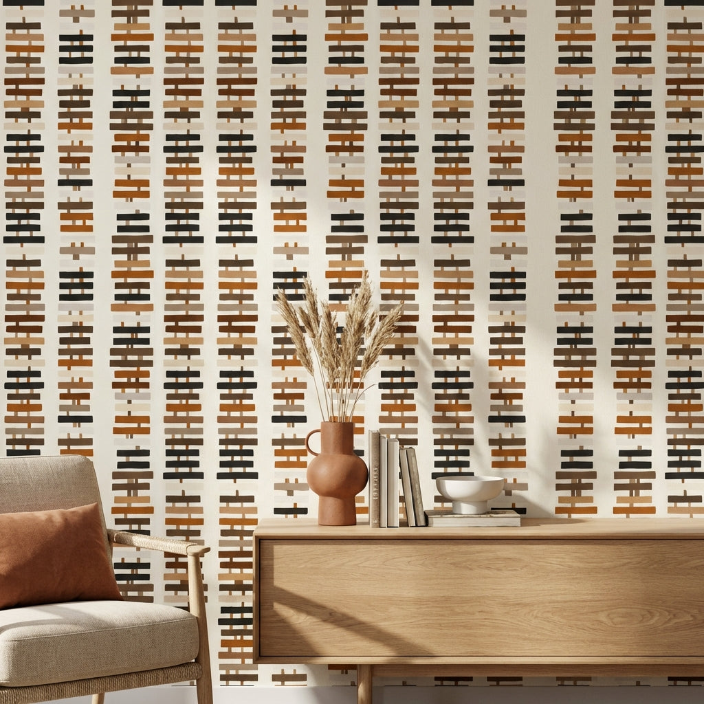 Geometrik Çizgili Duvar Kağıdı Bej Kahverengi Modern Salon