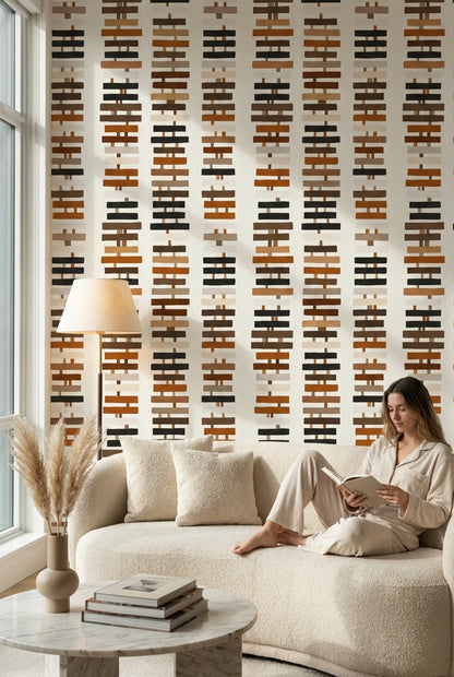 Geometrik Çizgili Duvar Kağıdı Bej Kahverengi Modern Salon