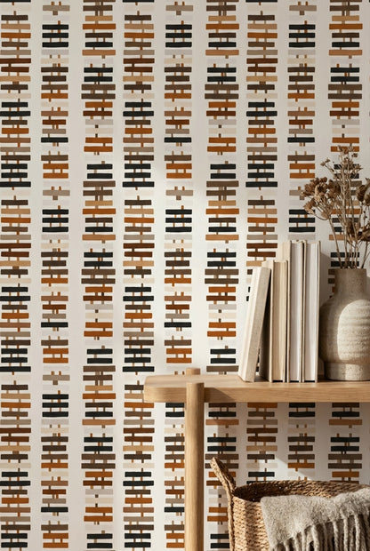 Geometrik Çizgili Duvar Kağıdı Bej Kahverengi Modern Salon