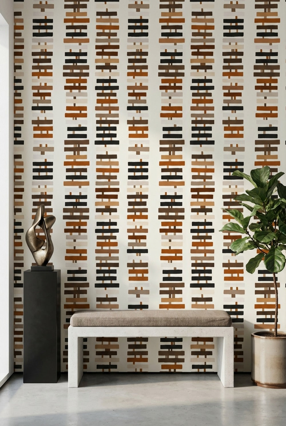Geometrik Çizgili Duvar Kağıdı Bej Kahverengi Modern Salon