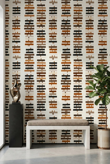 Geometrik Çizgili Duvar Kağıdı Bej Kahverengi Modern Salon