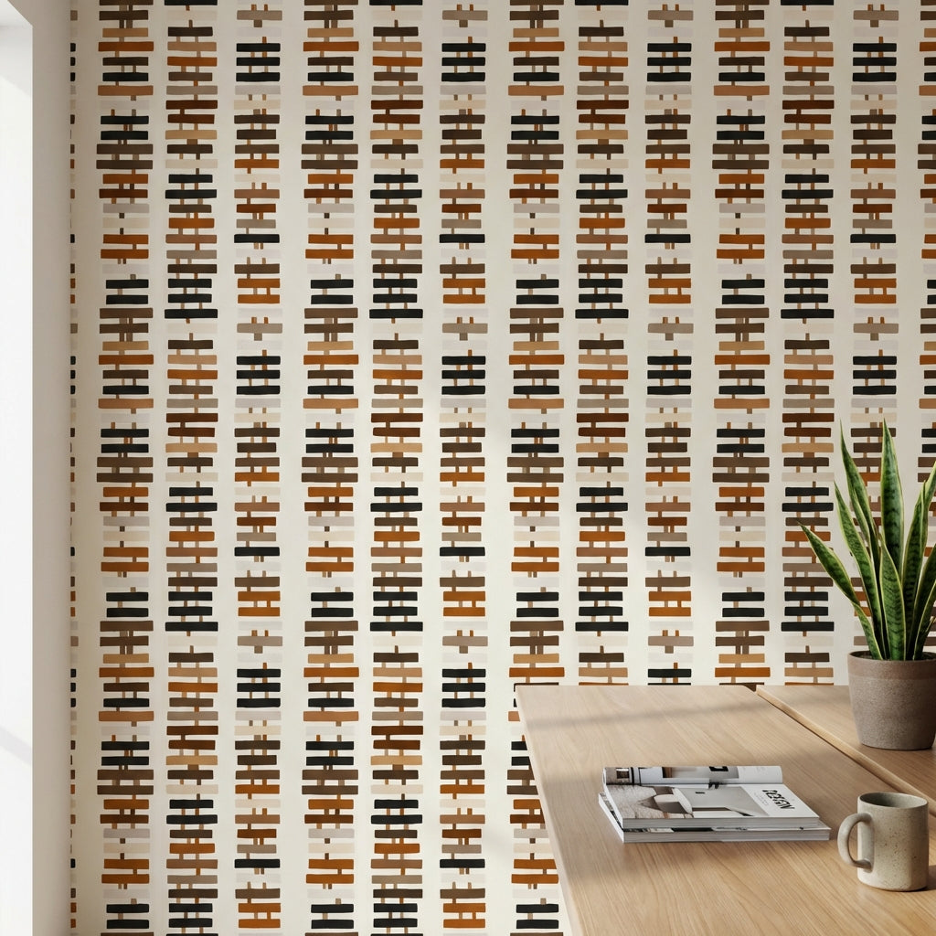 Geometrik Çizgili Duvar Kağıdı Bej Kahverengi Modern Salon