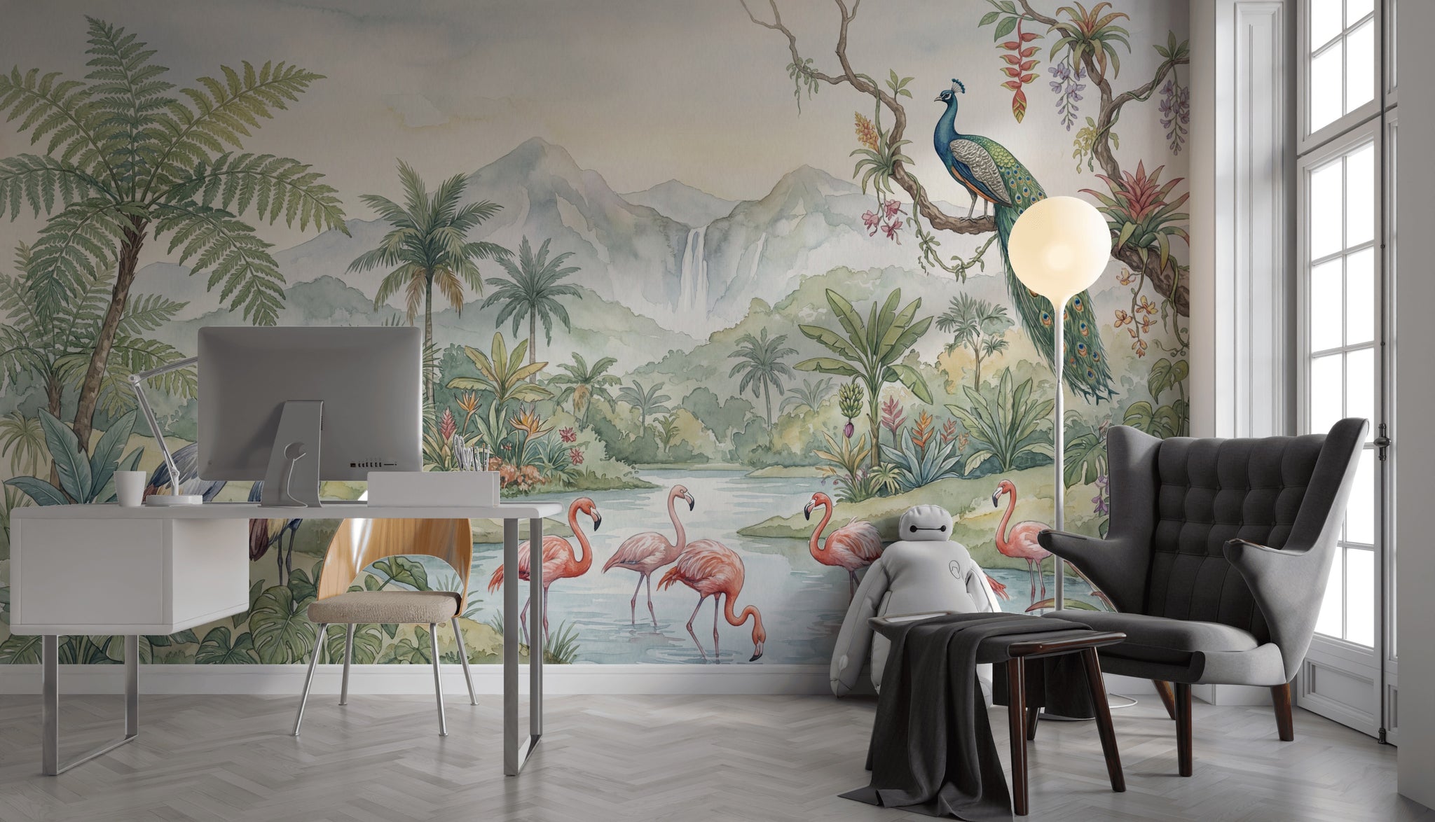 Tropikal Flamingo ve Tavuskuşu Poster Duvar Kağıdı Salon
