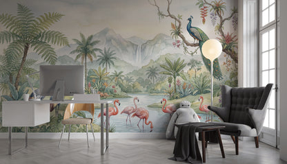 Tropikal Flamingo ve Tavuskuşu Poster Duvar Kağıdı Salon