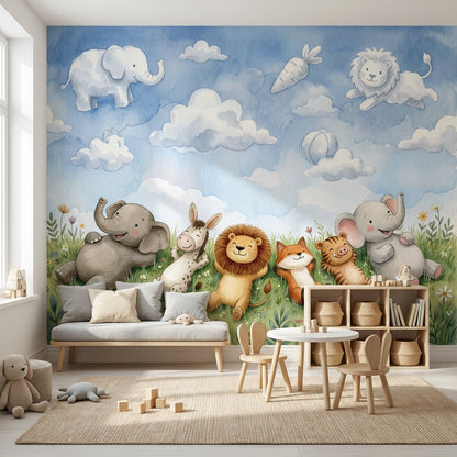 Sevimli Safari Hayvanları Poster Duvar Kağıdı Mavi Çocuk Odası