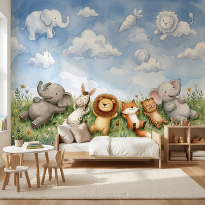 Sevimli Safari Hayvanları Poster Duvar Kağıdı Mavi Çocuk Odası