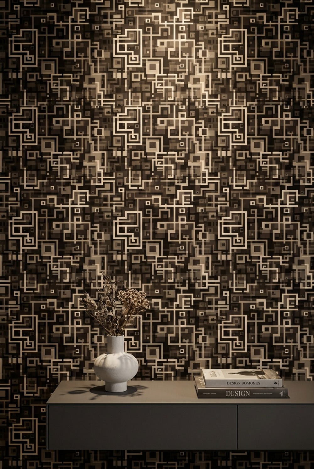Geometrik Kareli Duvar Kağıdı Siyah Bej Modern Salon