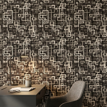 Geometrik Kareli Duvar Kağıdı Siyah Bej Modern Salon