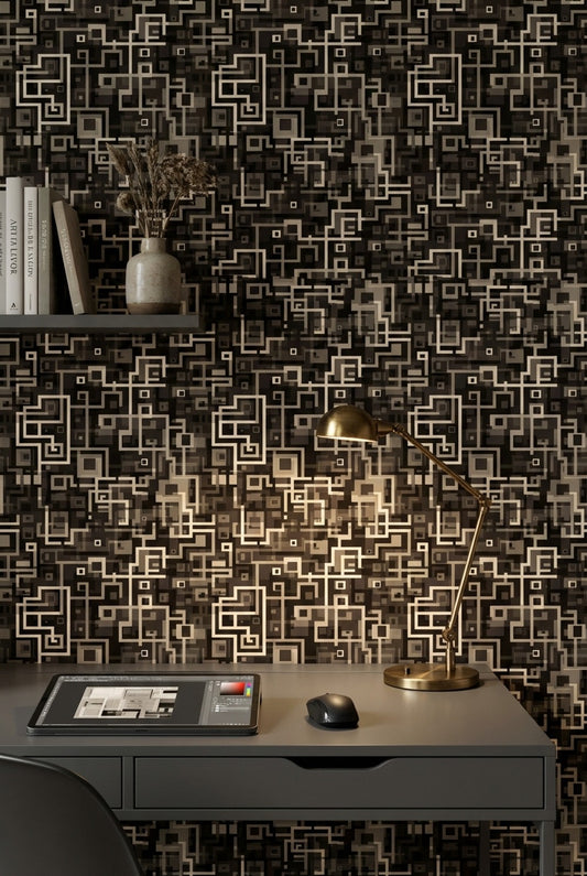 Geometrik Kareli Duvar Kağıdı Siyah Bej Modern Salon