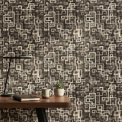 Geometrik Kareli Duvar Kağıdı Siyah Bej Modern Salon