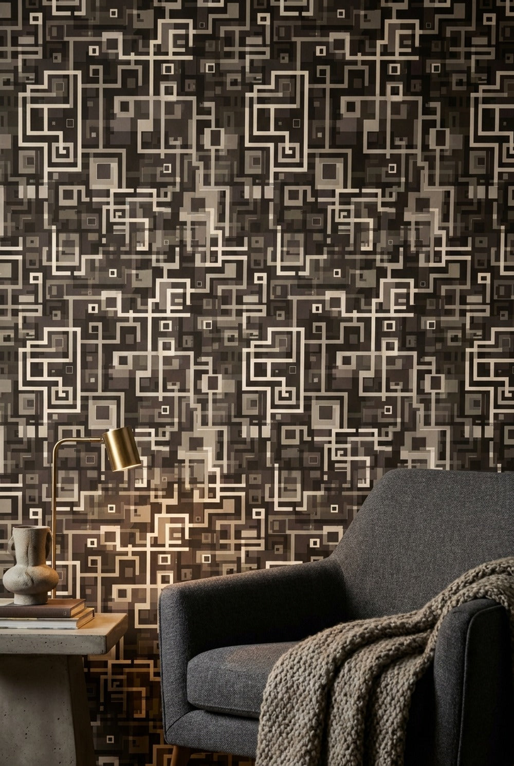 Geometrik Kareli Duvar Kağıdı Siyah Bej Modern Salon