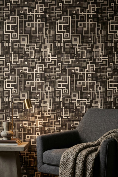 Geometrik Kareli Duvar Kağıdı Siyah Bej Modern Salon