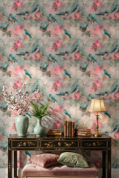 Kuş ve Çiçek Desenli Duvar Kağıdı Pastel Vintage